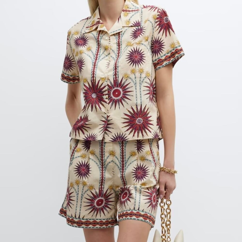 Emporio Sirenuse Beatrice Sea U-Print Pleated Cotton Shorts US 2 / XS